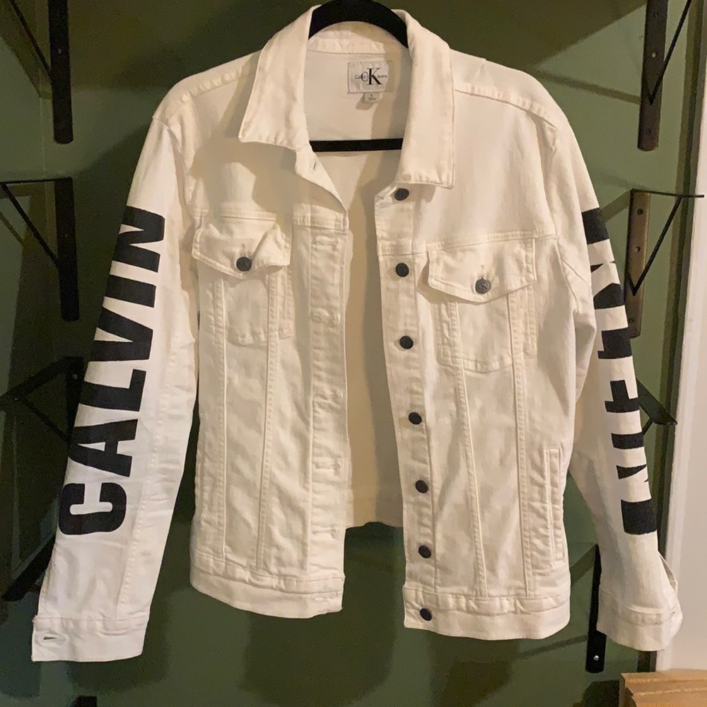 Calvin Klein Jeans White Jean Jacket with Black Lettering